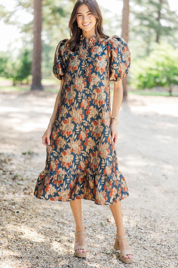 See The Light Navy Brocade Midi Dress