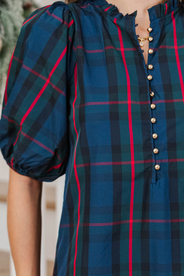 See The Light Navy Plaid Midi Dress
