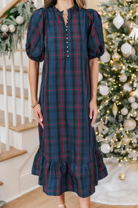 See The Light Navy Plaid Midi Dress