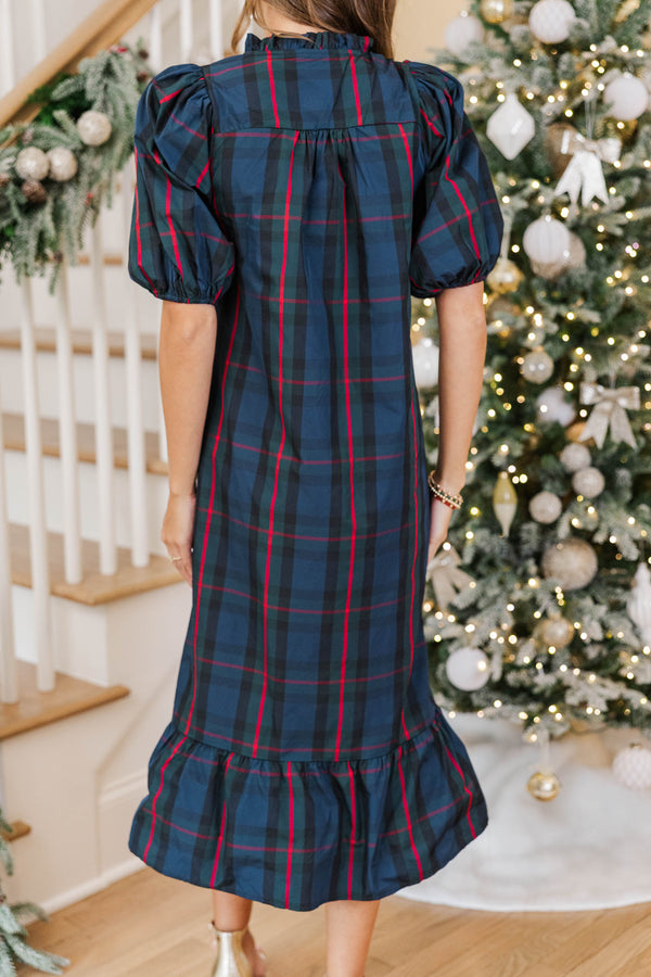 See The Light Navy Plaid Midi Dress