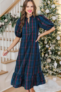 See The Light Navy Plaid Midi Dress