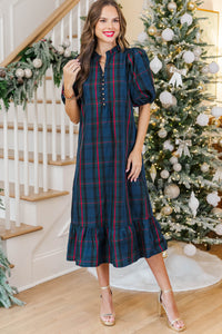 See The Light Navy Plaid Midi Dress