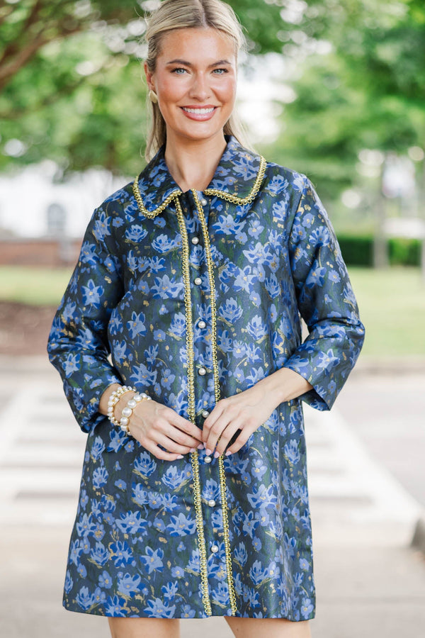 The Kindness Pearl Navy Brocade Button Down Dress