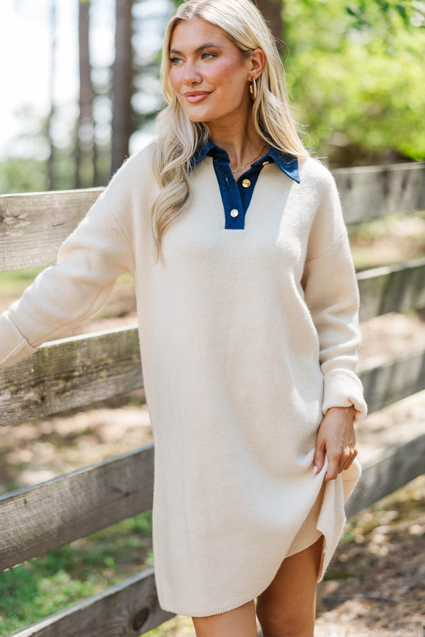 Sunday Drive Cream Contrast Collared Sweater Dress