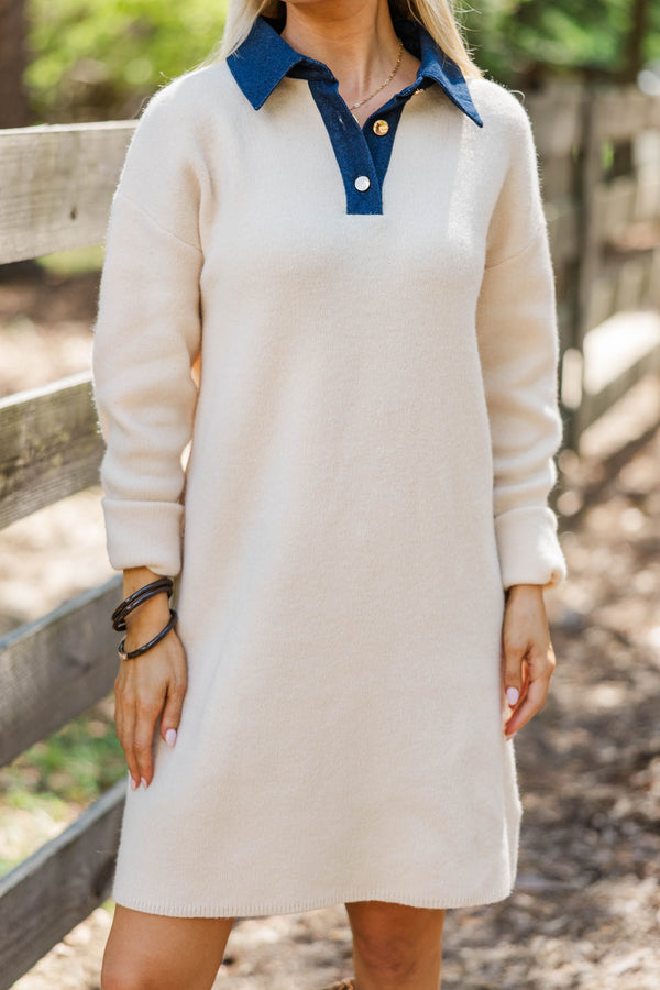 Sunday Drive Cream Contrast Collared Sweater Dress