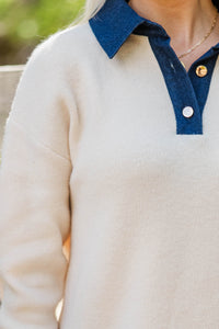 Sunday Drive Cream Contrast Collared Sweater Dress