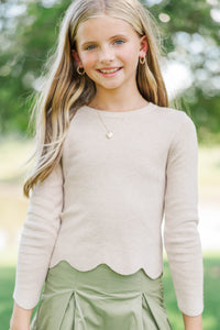 Girls: The Perfect Layer Oatmeal Scallop Ribbed Sweater