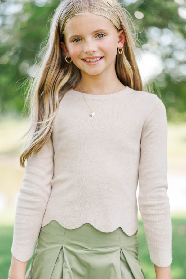 Girls: The Perfect Layer Oatmeal Scallop Ribbed Sweater