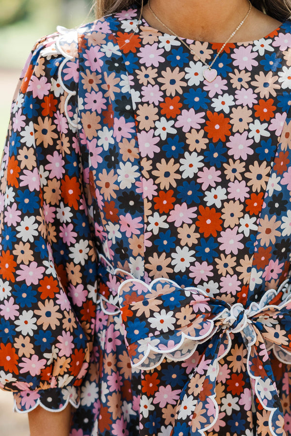 Girls: Ready For Anything Brown Floral Scalloped Dress