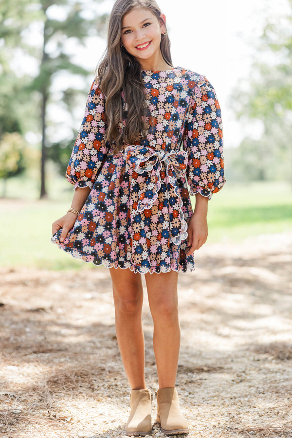 Girls: Ready For Anything Brown Floral Scalloped Dress