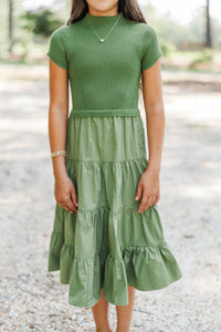 Girls: Timeless Style Olive Mock Neck Tiered Midi Dress