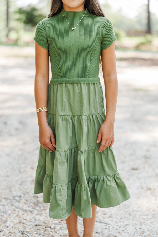 Girls: Timeless Style Olive Mock Neck Tiered Midi Dress