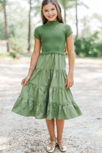 Girls: Timeless Style Olive Mock Neck Tiered Midi Dress