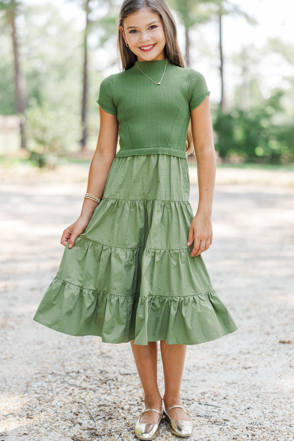 Girls: Timeless Style Olive Mock Neck Tiered Midi Dress