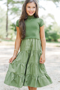 Girls: Timeless Style Olive Mock Neck Tiered Midi Dress