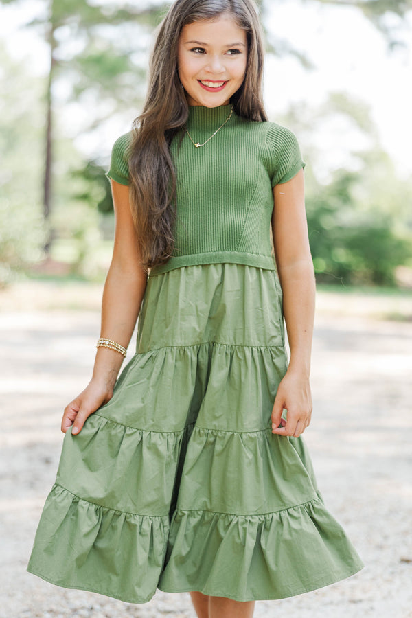 Girls: Timeless Style Olive Mock Neck Tiered Midi Dress