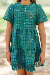 Girls: Strive To Flourish Green Tweed Fringe Dress