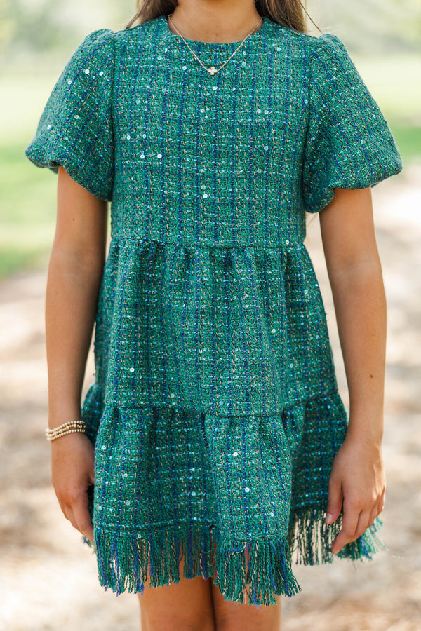 Girls: Strive To Flourish Green Tweed Fringe Dress