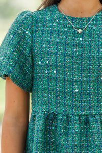 Girls: Strive To Flourish Green Tweed Fringe Dress