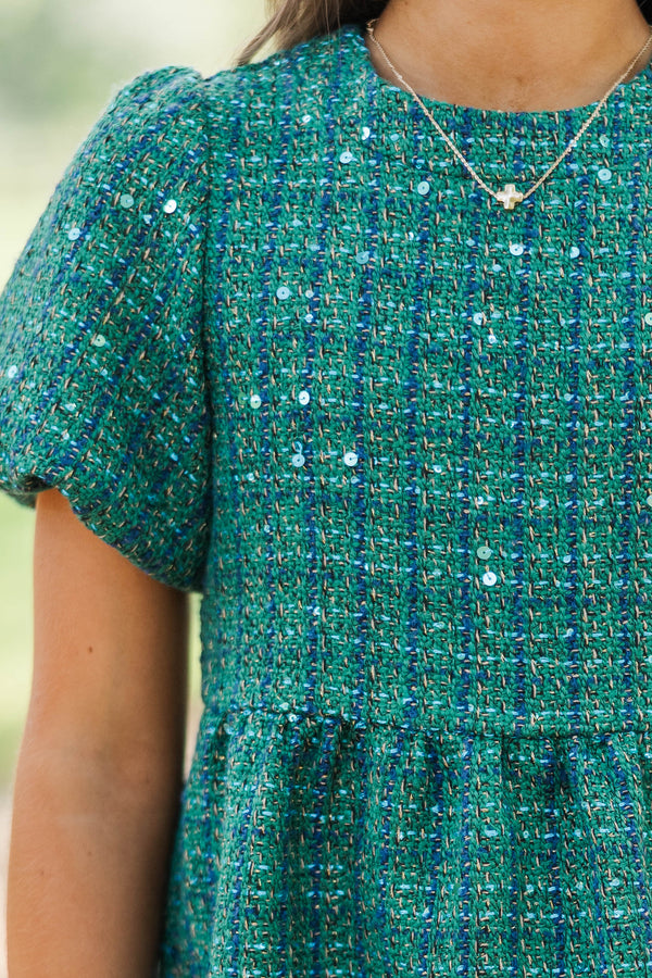 Girls: Strive To Flourish Green Tweed Fringe Dress