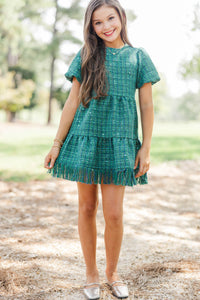 Girls: Strive To Flourish Green Tweed Fringe Dress