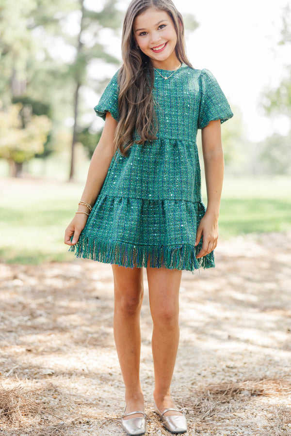 Girls: Strive To Flourish Green Tweed Fringe Dress