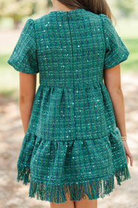 Girls: Strive To Flourish Green Tweed Fringe Dress