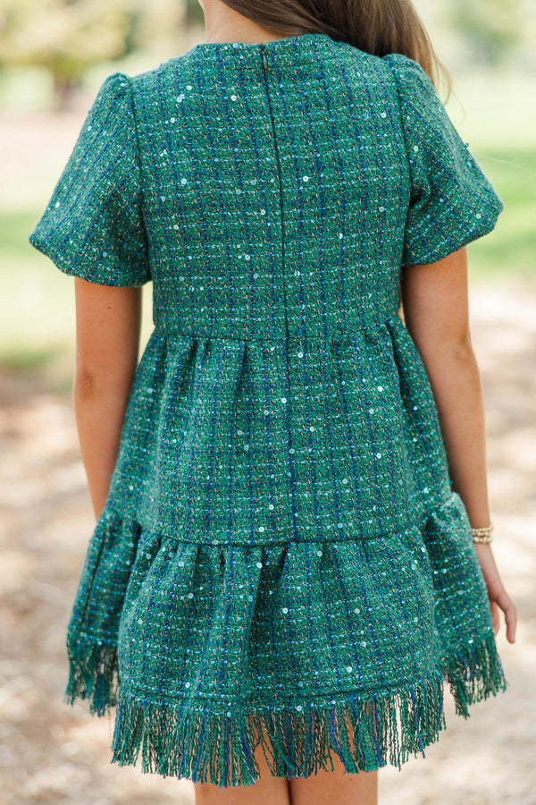 Girls: Strive To Flourish Green Tweed Fringe Dress