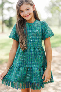 Girls: Strive To Flourish Green Tweed Fringe Dress