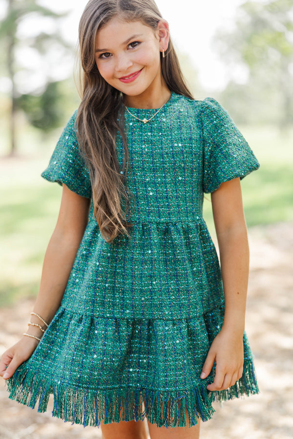 Girls: Strive To Flourish Green Tweed Fringe Dress