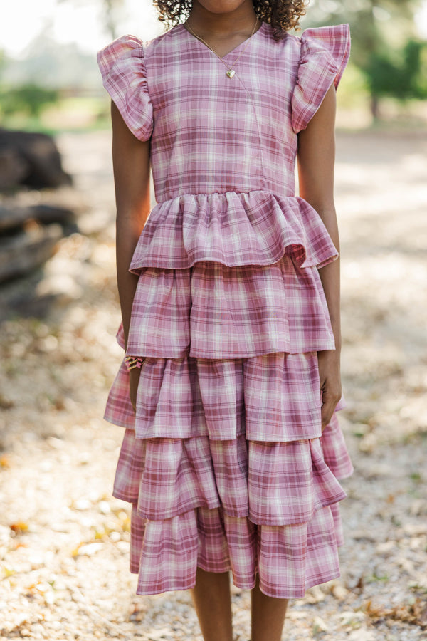Girls: Timeless Layers Pink Plaid Ruffle Midi Dress