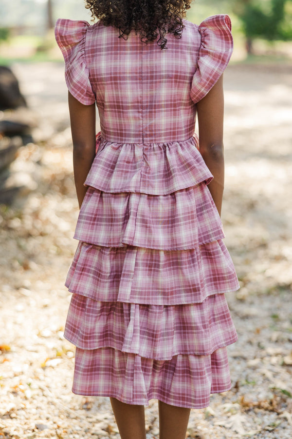 Girls: Timeless Layers Pink Plaid Ruffle Midi Dress