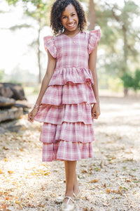 Girls: Timeless Layers Pink Plaid Ruffle Midi Dress