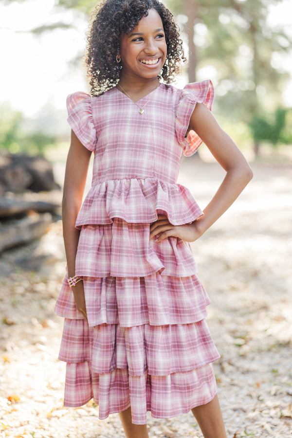Girls: Timeless Layers Pink Plaid Ruffle Midi Dress