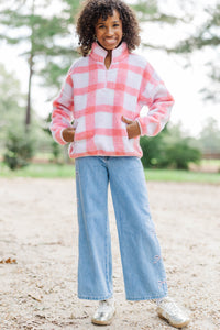 Girls: Weekend Comfort Pink Plaid Fleece Quarter Zip