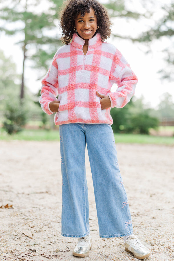 Girls: Weekend Comfort Pink Plaid Fleece Quarter Zip