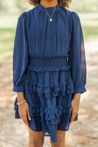 Girls: Whispered Grace Navy Tiered Ruffle Dress