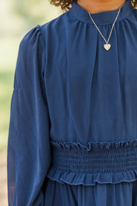 Girls: Whispered Grace Navy Tiered Ruffle Dress