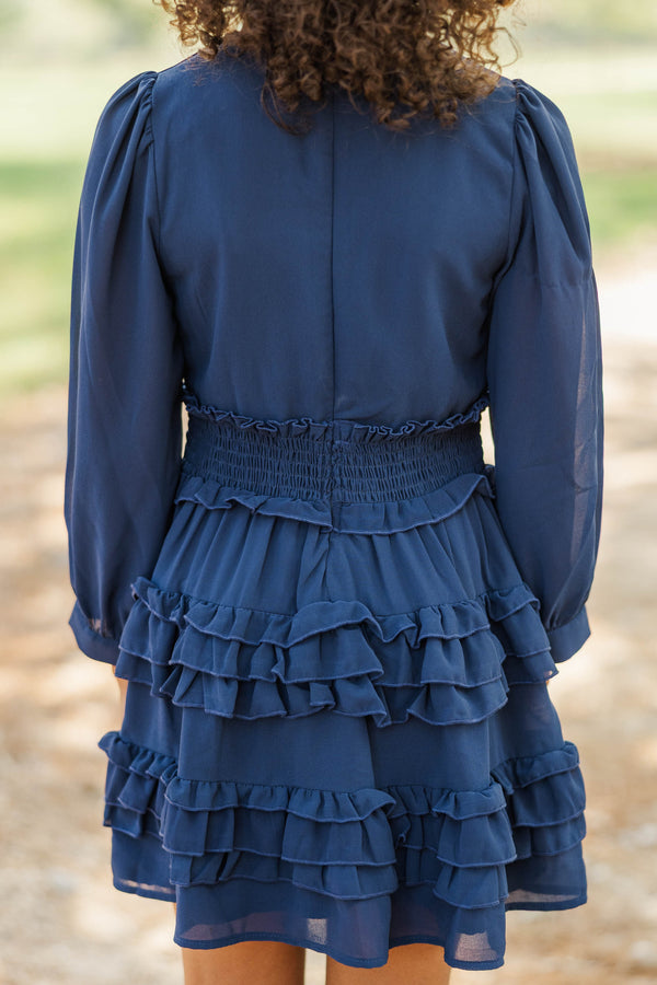 Girls: Whispered Grace Navy Tiered Ruffle Dress