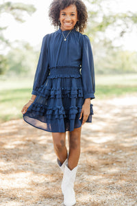 Girls: Whispered Grace Navy Tiered Ruffle Dress
