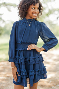 Girls: Whispered Grace Navy Tiered Ruffle Dress