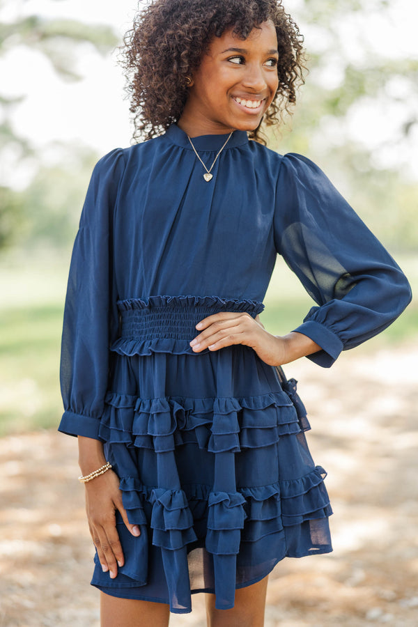 Girls: Whispered Grace Navy Tiered Ruffle Dress