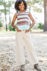 Girls: Knit Together Light Blue Striped Ruffle Top