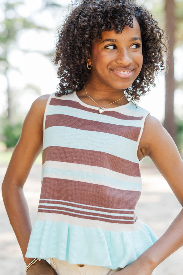 Girls: Knit Together Light Blue Striped Ruffle Top