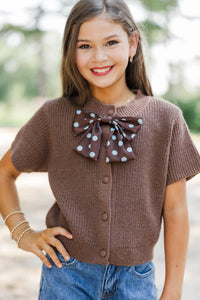 Girls: Little Charmer Brown Polka Dot Bow Cardigan