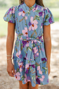Girls: Soft Horizon Blue Floral Wrap Dress