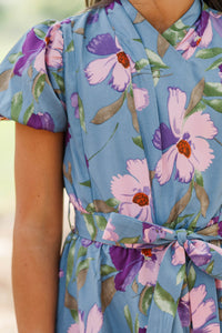 Girls: Soft Horizon Blue Floral Wrap Dress