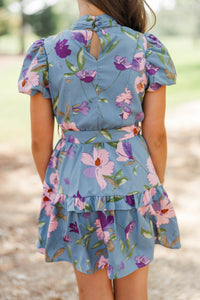Girls: Soft Horizon Blue Floral Wrap Dress