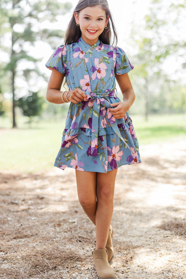 Girls: Soft Horizon Blue Floral Wrap Dress