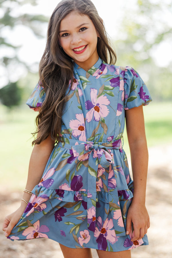 Girls: Soft Horizon Blue Floral Wrap Dress